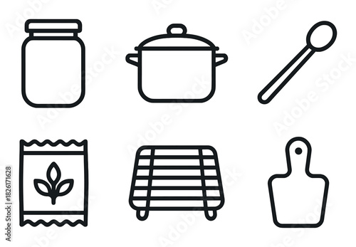Kitchen utensil icons: jar, pot, spoon, packet, rack, cutting board