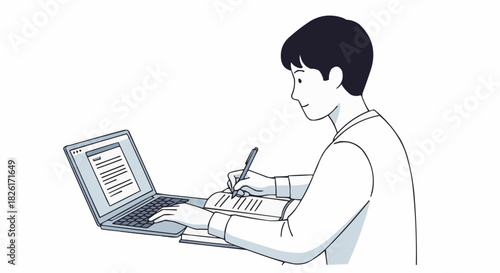 Young man studying with laptop and notebook.