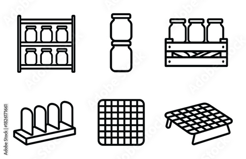 Minimalist kitchen rack icons with jars and shelving designs