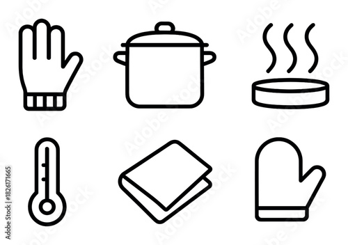 Kitchen utensils icons: glove, pot, heating element, thermometer, towel, oven mitt