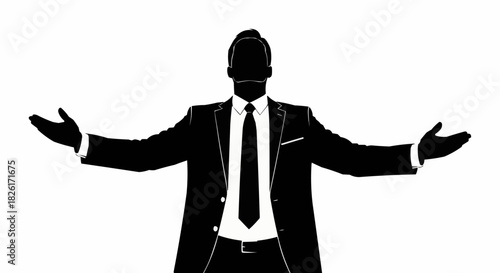 Silhouette of a successful businessman with arms outstretched in a welcoming gesture.