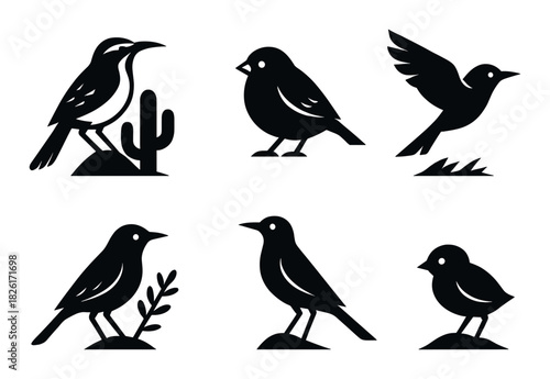 Minimalist silhouettes of birds in various poses on dark background