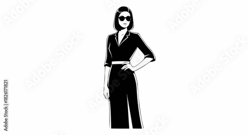 Stylish Woman in Black Outfit and Sunglasses Posing Confidently.