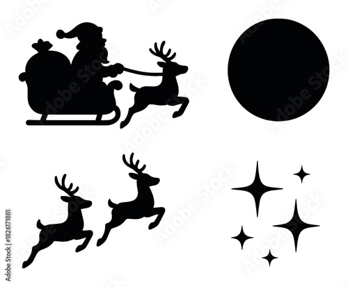 Silhouette of santa sleigh with reindeer and stars in moonlit night
