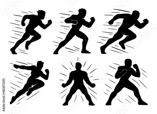 Silhouette athletic poses: dynamic running and fighting stances