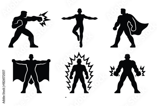 Superhero silhouettes in action poses with capes and power bursts