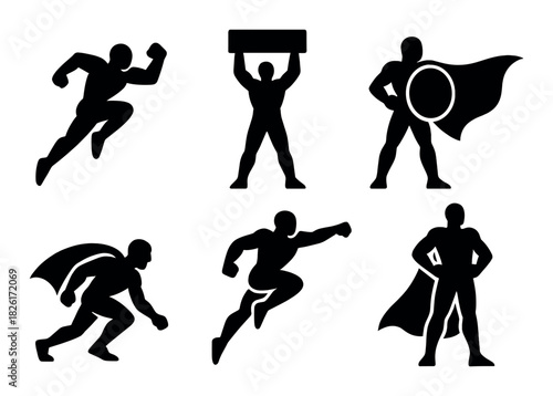 Silhouetted superheroes in action poses with capes and shields