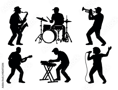 Silhouettes of male musicians playing instruments in a band performance