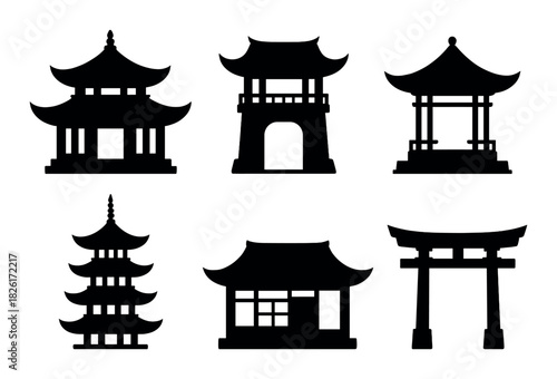 Silhouettes of traditional asian architecture structures including pagodas and torii gate