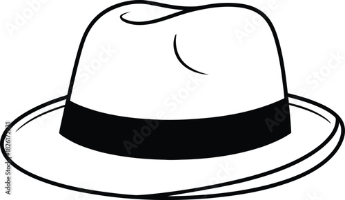 White fedora hat illustration with black band, simple line art