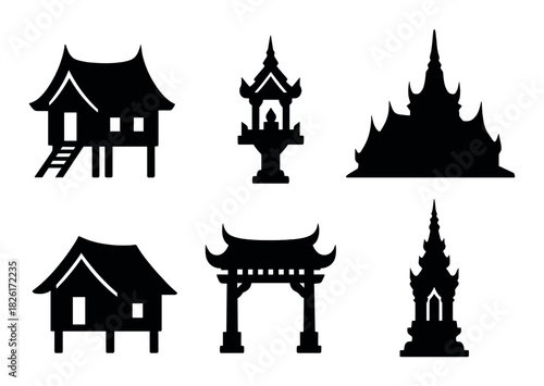 Silhouettes of traditional asian architectural structures and temples