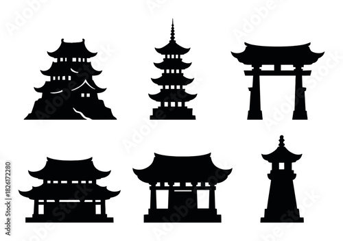 Silhouettes of traditional japanese architecture landmarks