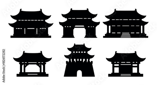 Silhouettes of traditional asian pagodas on dark background