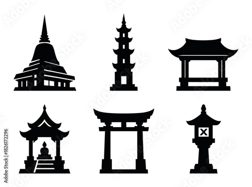 Silhouette icons of asian architecture and landmarks