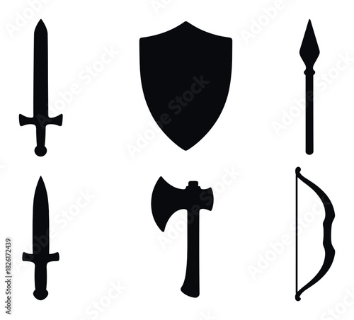 Silhouettes of medieval weapons and shield on dark background