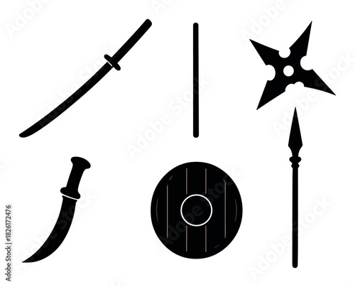 Silhouetted weapons: sword, spear, dagger, shuriken, and shield in shadowed arrangement