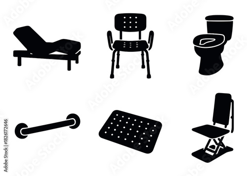 Silhouettes of accessible bathroom and furniture items on black background