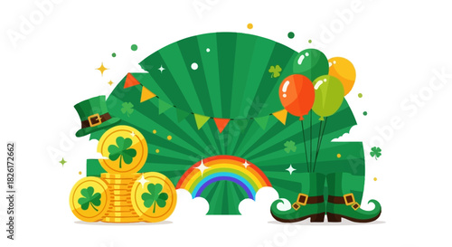Vibrant St. Patrick's Day Flat Vector Illustration with Rainbow, Coins, and Balloons Design