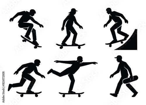 Silhouetted skateboarders performing stunts in motion