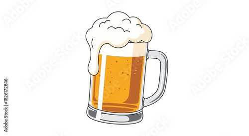 Refreshing beer mug with overflowing foam, perfect for pubs and happy hour advertisements
