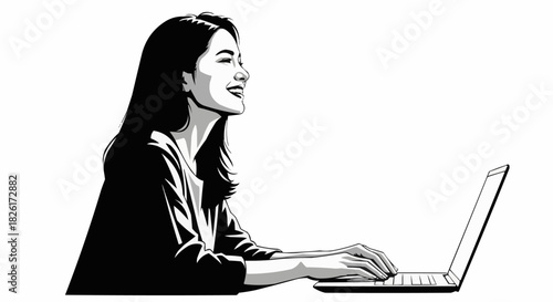 Woman working on laptop focused and concentrated on her task with determination.