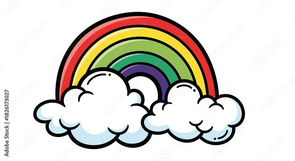 Obraz premium A cheerful and colorful cartoon rainbow arching between two fluffy white clouds, a vibrant illustration symbolizing hope and joy