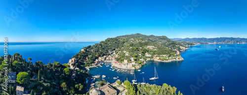 Drone view at the village of Portofino on liguria in Italy