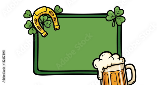 Hand-drawn St. Patrick's Day greeting card template featuring a green board decorated with lucky shamrocks, a golden horseshoe, and a frothy mug of beer