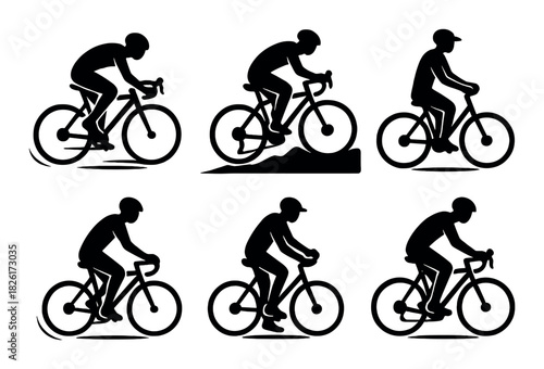 Silhouettes of cyclists engaged in various cycling actions on black background
