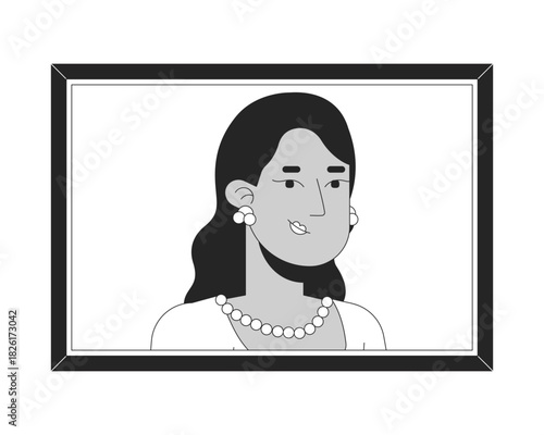 Classy woman with pearl jewelry in framed portrait 2D line character. Graceful vintage aristocrat lady with gold earrings isolated vector ink outline person. Monochromatic spot illustration