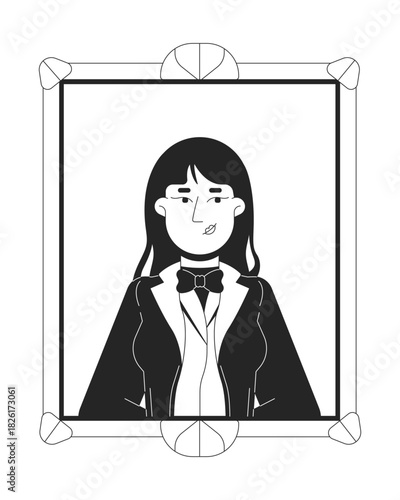 Victorian Edwardian woman portrait in vintage equestrian clothing 2D line character. Young noblewoman in blazer and bowtie isolated vector ink outline person. Monochromatic spot illustration