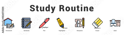 Study Routine Modern and clean web banner illustration featuring thematic icons for visual communication
