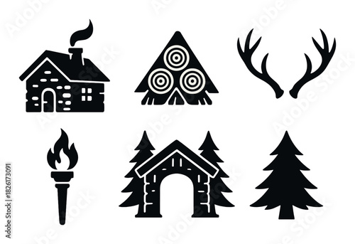 Rustic camp icons: cabin, archery, antlers, torch, tent, forest