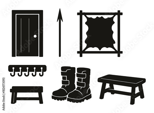 Silhouette icons of door, arrow, canvas, hooks, boots, benches on brown background