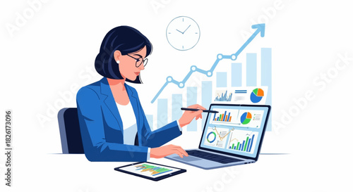 Businesswoman analyzing financial data on laptop for market growth.
