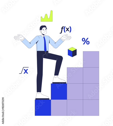 Mathematics 2D illustration concept. Analytics in data science. Asian math teacher climbing ladder of mathematical knowledge cartoon character isolated on white. Flat abstract vector metaphor