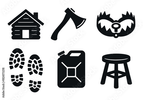 Rustic camp icons: cabin, axe, bear trap, footprints, gas can, stool