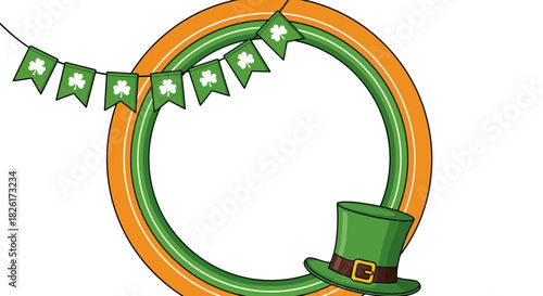 A festive St. Patrick's Day circular frame with a leprechaun's green top hat and a shamrock banner for holiday greetings