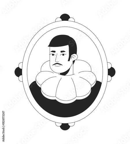 Moustache man portrait with ruffled collar in ornate frame 2D line character. Renaissance style. Baroque nobleman historical costume isolated vector ink outline person. Monochromatic spot illustration