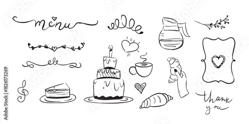 Doodle style graphic elements for a coffee shop or cafe with a Provence, France style. Elements for menus with monograms.