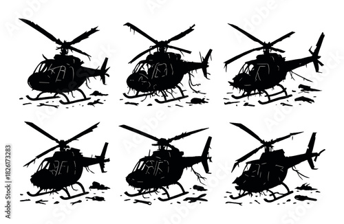 Black silhouettes of military helicopters on dark background
