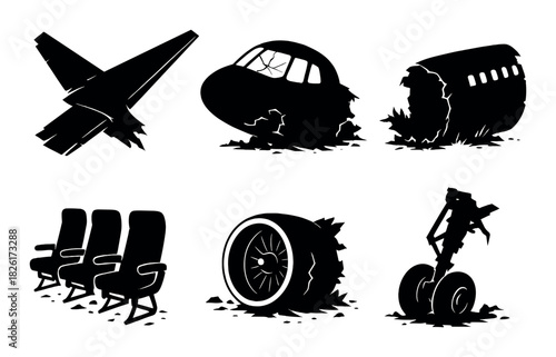 Silhouettes of aircraft crash scenes with wreckage and debris elements