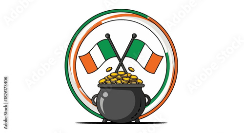 Vibrant illustration celebrating Irish heritage and good fortune with a traditional pot overflowing with shining gold coins, adorned with national flags, symbolizing prosperity and festive spirit