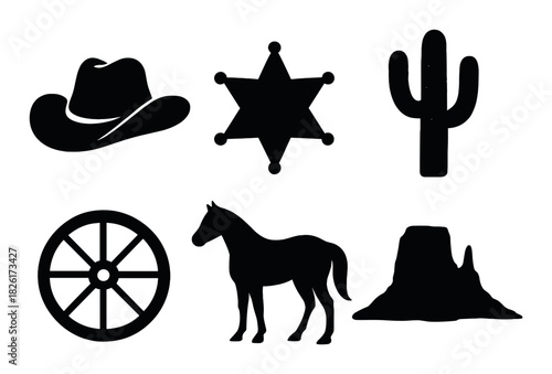 Silhouettes of western icons: cowboy hat, sheriff badge, cactus, wagon wheel, horse, monument valley