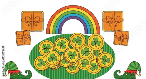 St. Patrick's Day illustration with rainbow, shamrock gold coins, gifts, and leprechaun boots, symbolizing Irish luck, wealth, and festive celebration