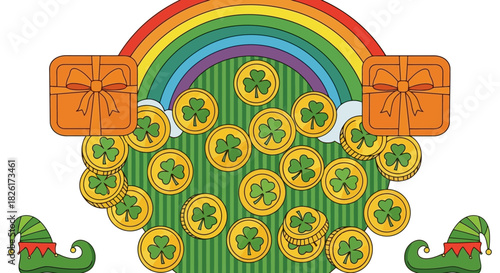 St. Patrick's Day vector illustration featuring rainbow, gold coins, gift boxes, and elf shoes