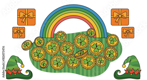 Cheerful St. Patrick's Day illustration featuring a rainbow, leprechaun, and gold coins.