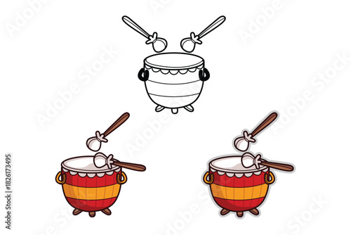 Colorful traditional drum icons with simple outline style for cultural design projects.