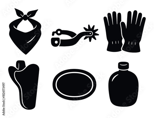 Silhouette icons of cowboy gear: bandana, spurs, gloves, cowboy boot, plate, flask