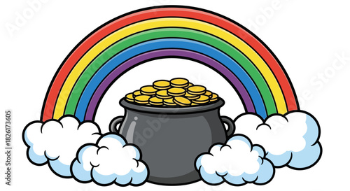 Pot of Gold Under Rainbow with Clouds - Saint Patrick's Day Illustration